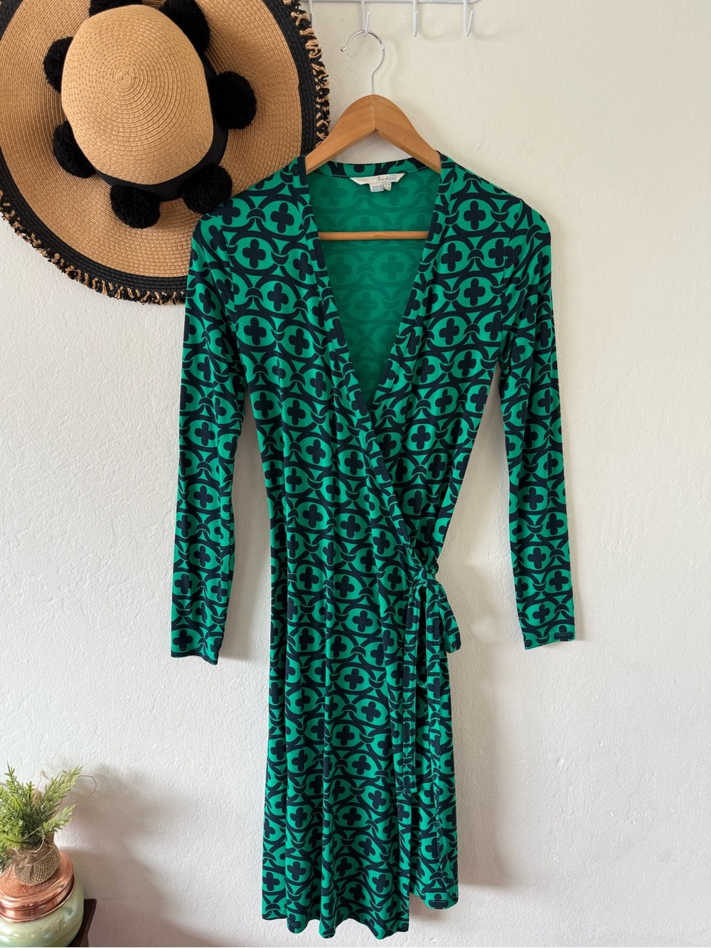 Boden Green Printed Wrap Dress Long Sleeve Viscose Blend Size 2 - Picture 8 of 13